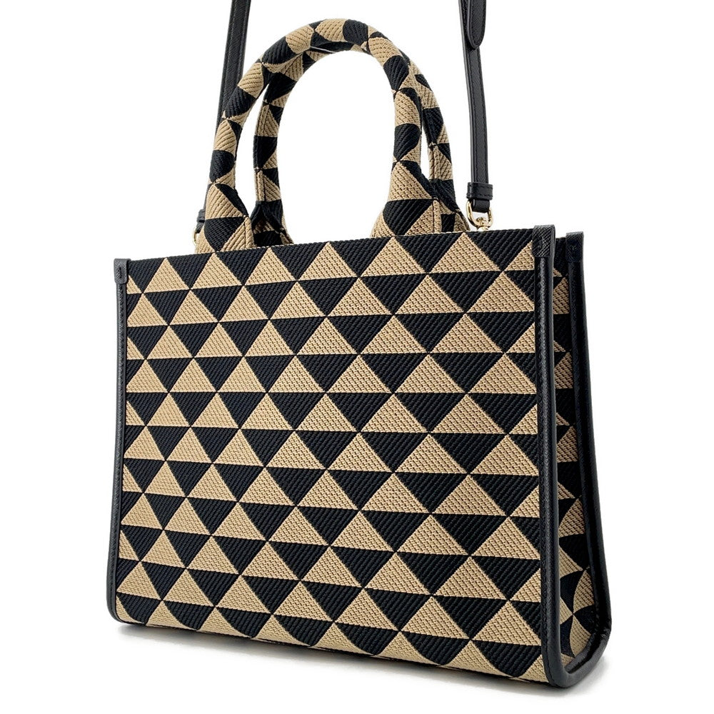 PRADA Symbol EmbroideryFabric Small Handtasche Black/Beige1BA354 Jaguar Leather