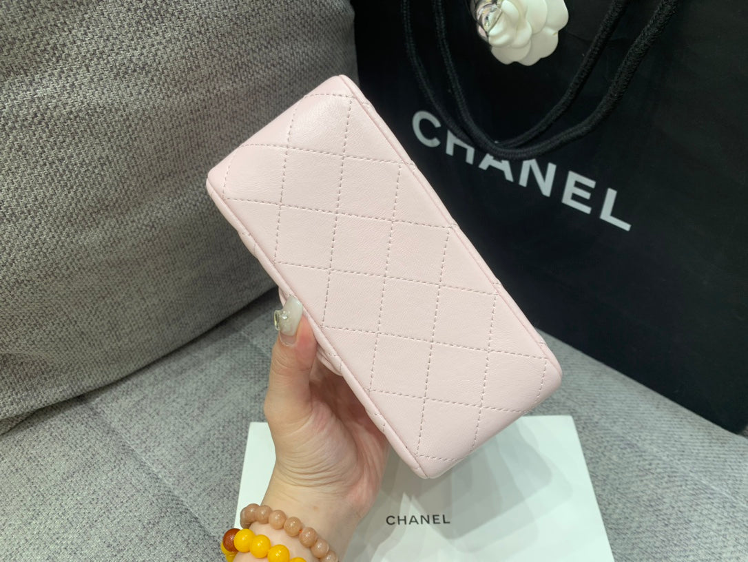 Mini SQUARE Klapptasche 17CM Rosa LAMBSKIN Silber-Hardware