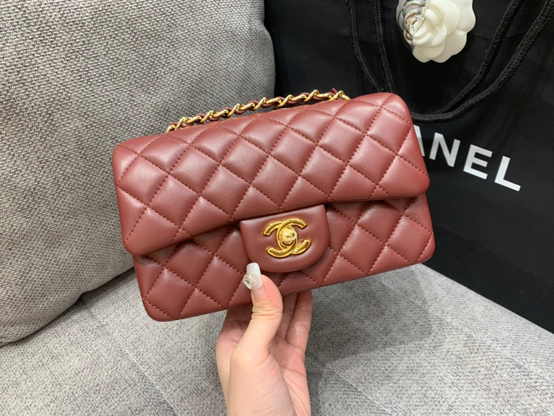 MINI RECTANGLE FLAP BAG 20CM BORDEAUX LAMBSKIN GOLD-HARDWARE