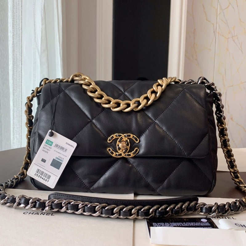 19 FLAP BAG 30 BLACK GOATSKIN GOLD HARDWARE | Studio Nafay