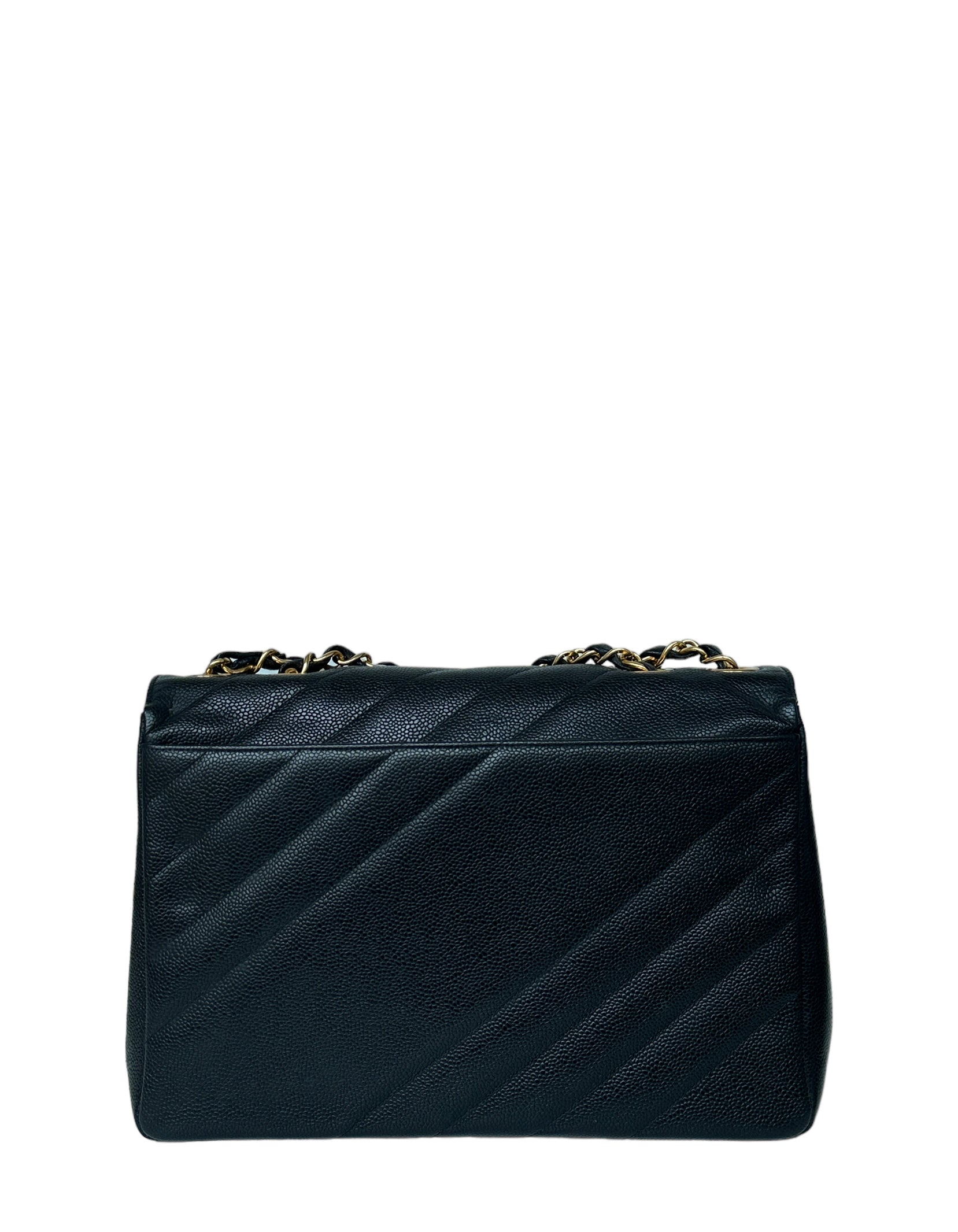 Chanel 1990er Schwarz Caviar Leder Diagonal Gesteppte CC Flap Bag