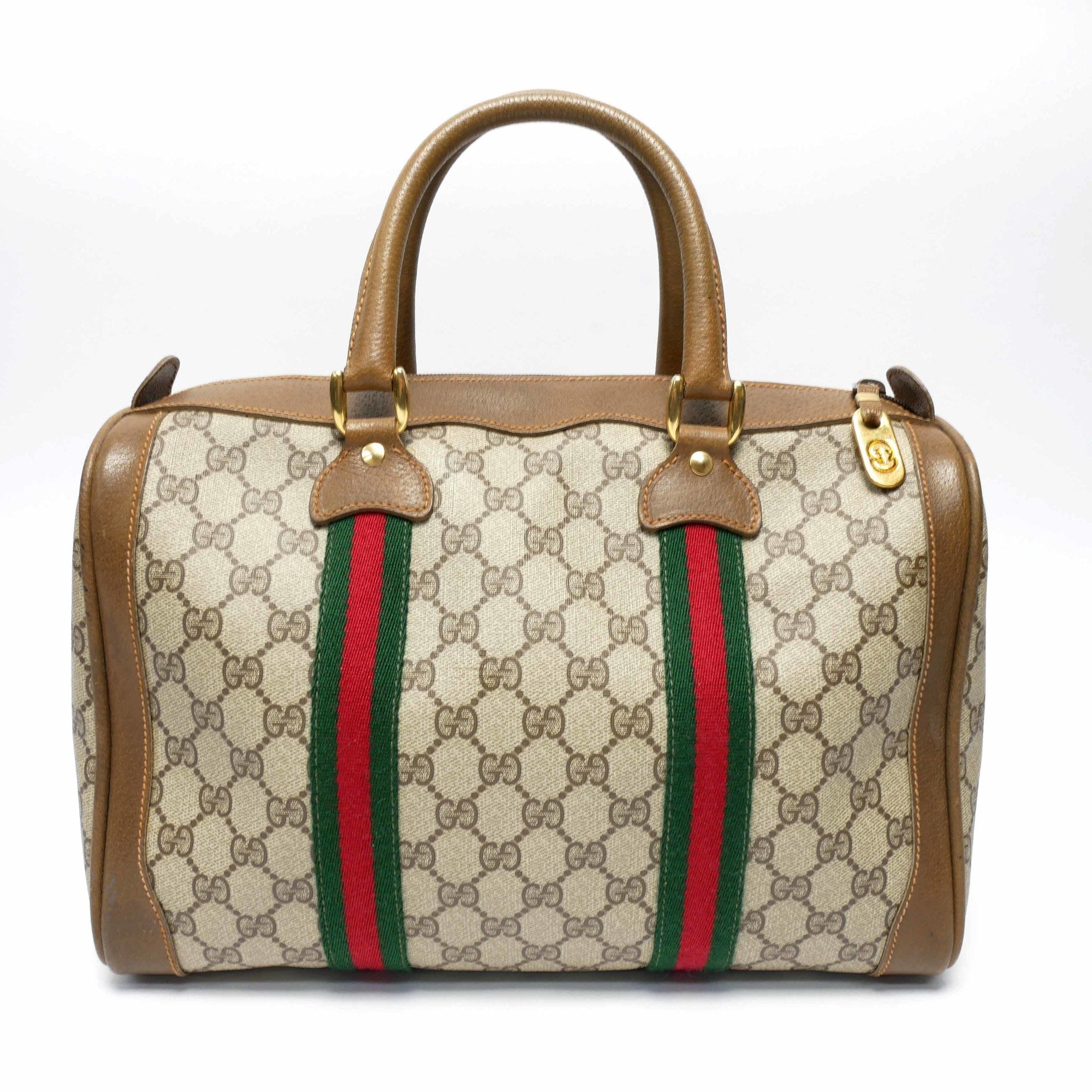 GUCCI Old Gucci Mini Boston Bag Handtasche Barrel Unisex ’s 70’S Sherry Line GG Pattern/Leder Gold-Hardware Braun/Beige