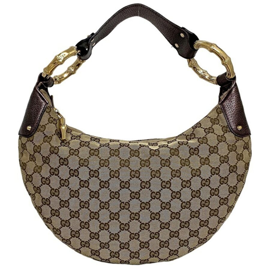 Gucci One Shoulder Bag Beige Purple Gold GG 131038 Bamboo Canvas Leather GUCCI Handbag Metallic Motif Dark | Studio Nafay