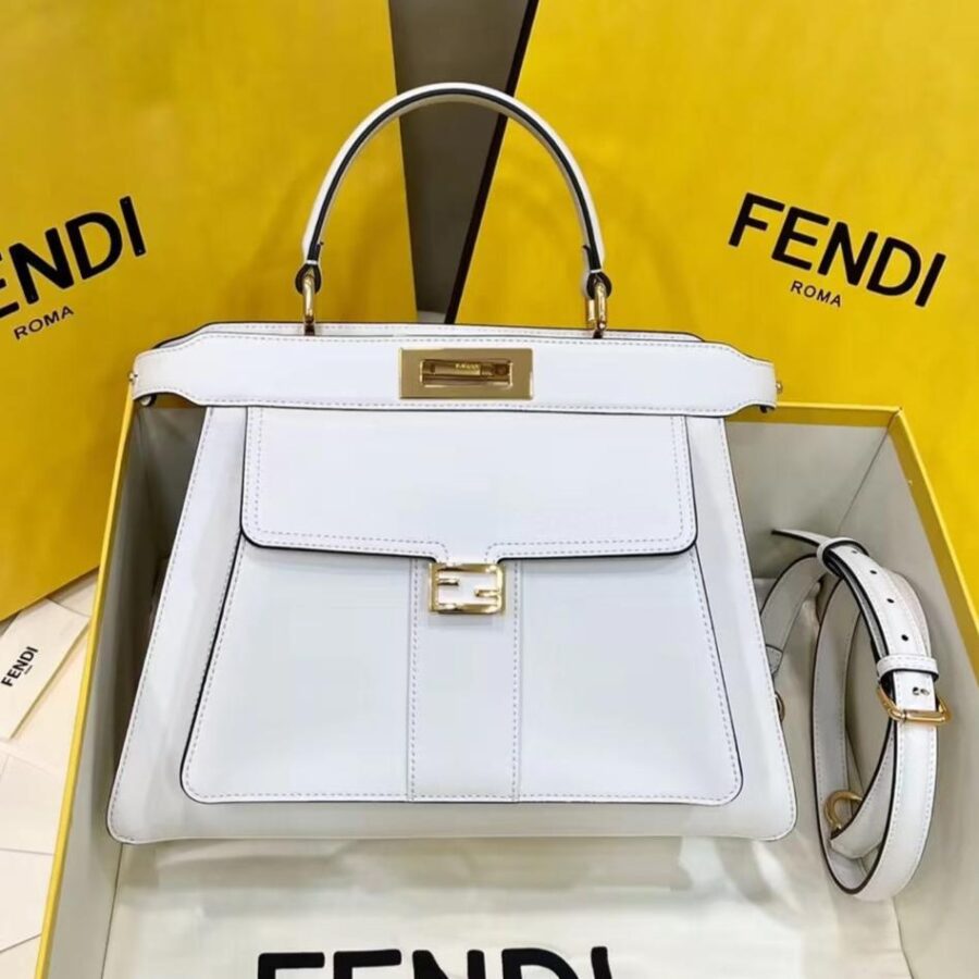 FENDI PEEKABOO 33 BAG IN WHITE CALFSKIN WITH STRAP GOLD HARDWARE | Studio Nafay
