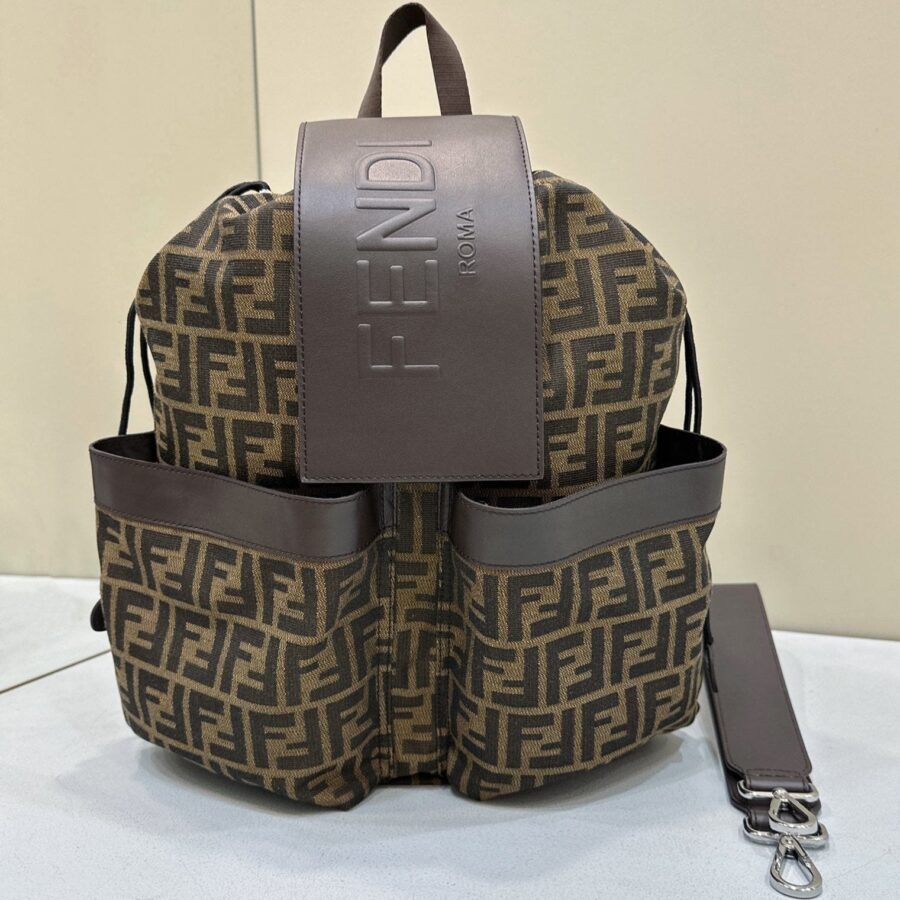 FENDI STRIKE 41 MEDIUM FF MOCHA BROWN JACQUARD FABRIC BACKPACK | Studio Nafay