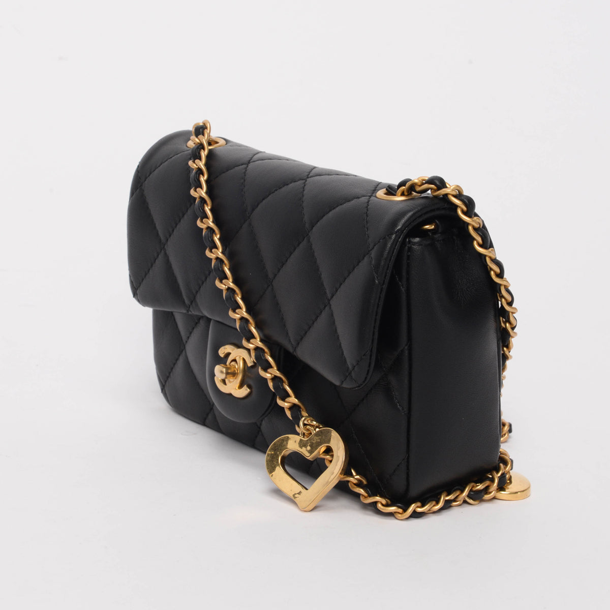 Chanel Black Lambskin Mini Rectangular Heart Chain Flap Bag