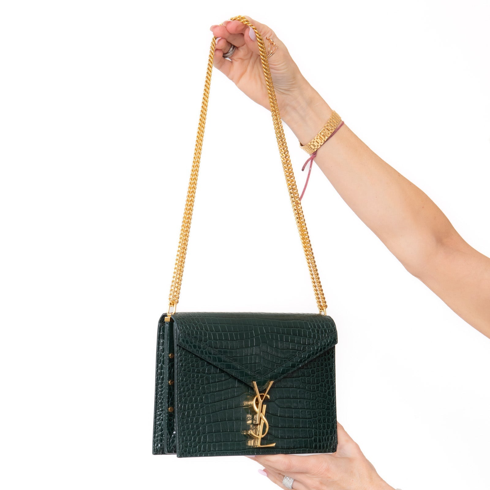 Saint Laurent Green Croc Embossed Leather Cassandra Clasp Crossbody Flap Bag - Produktbild 2