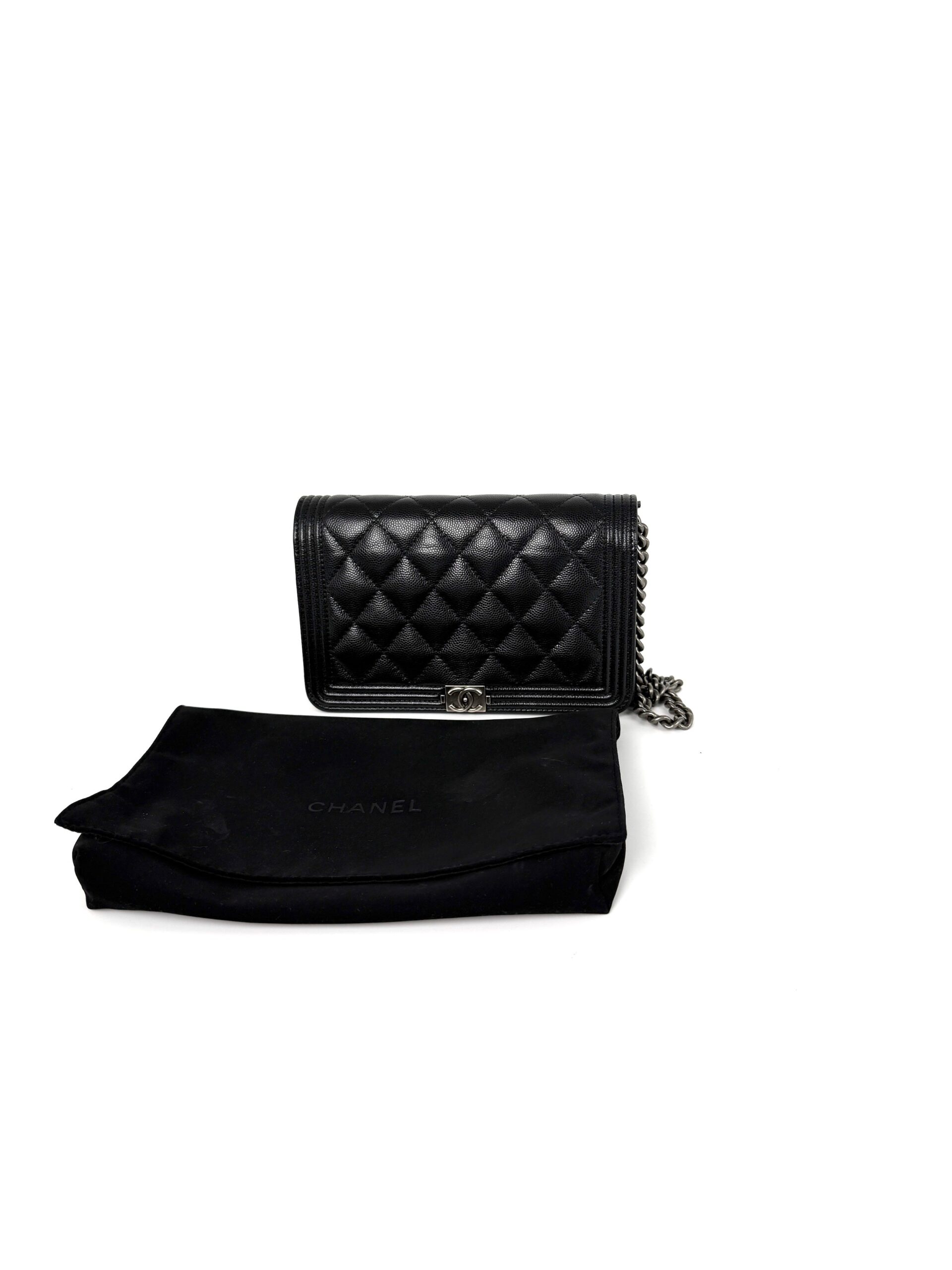 CHANEL Boy Quilted Caviar Leder WOC Geldbörse on Kette Umhängetasche