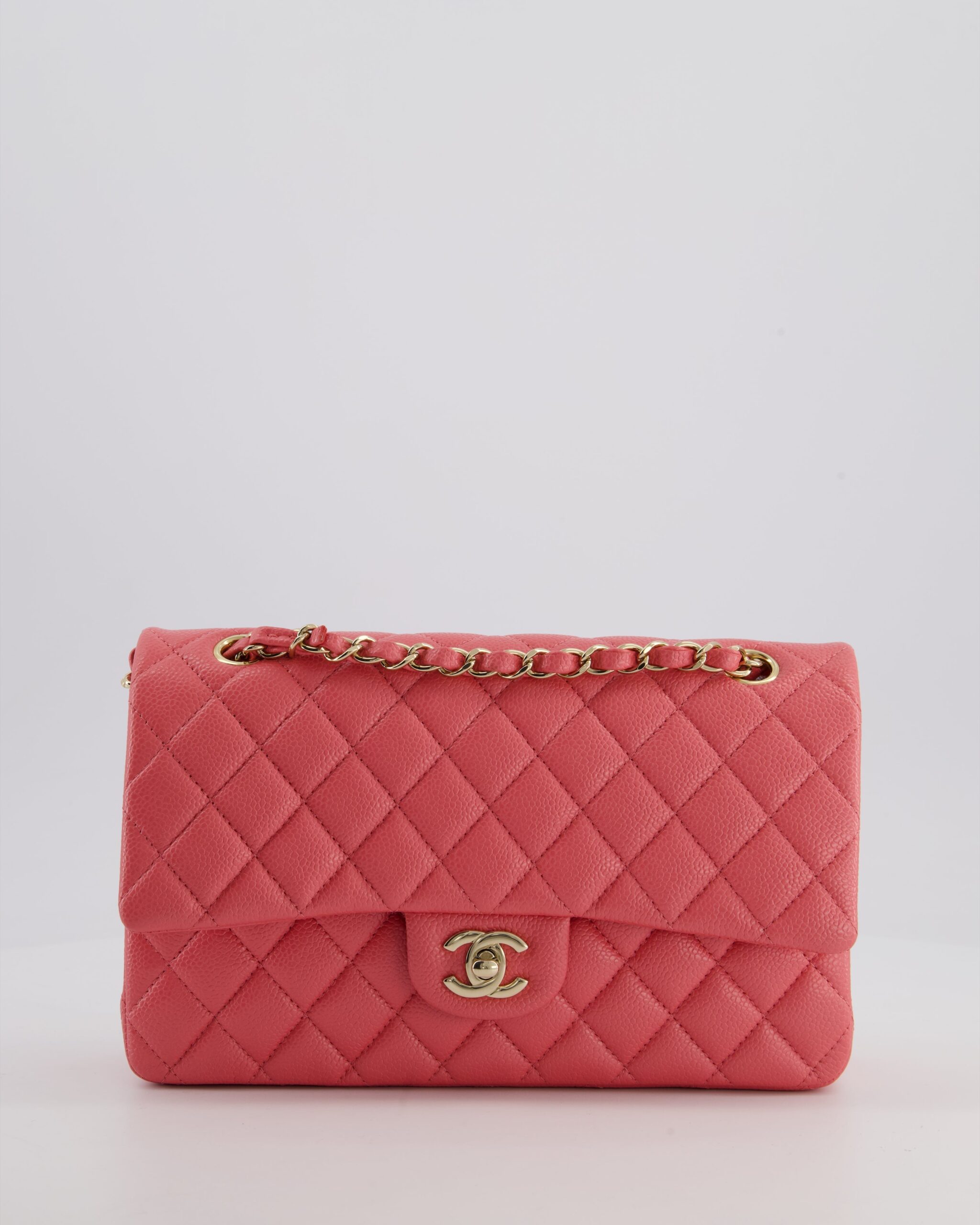 *HOT* Chanel Coral Rosa Classic Mittel Double Klapptasche in Caviar Leder mit Champagne Gold-Hardware