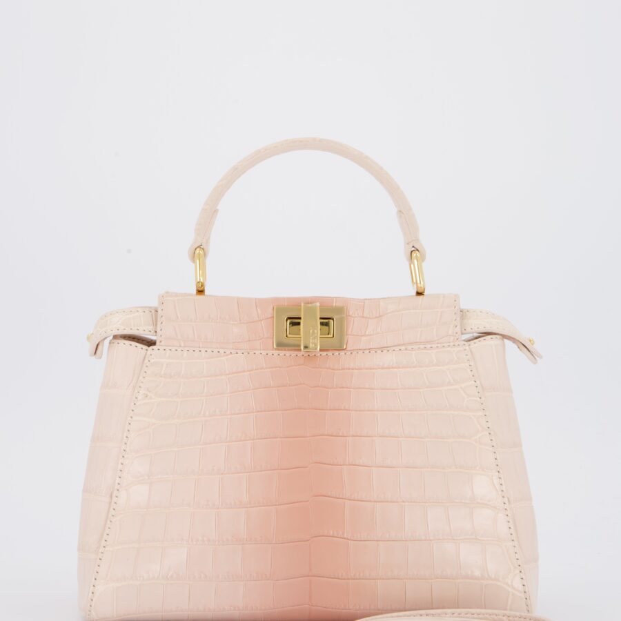 Fendi Mini Peekaboo in Egg Shell & Rose Niloticus Crocodile Leather with Gold Hardware | Studio Nafay