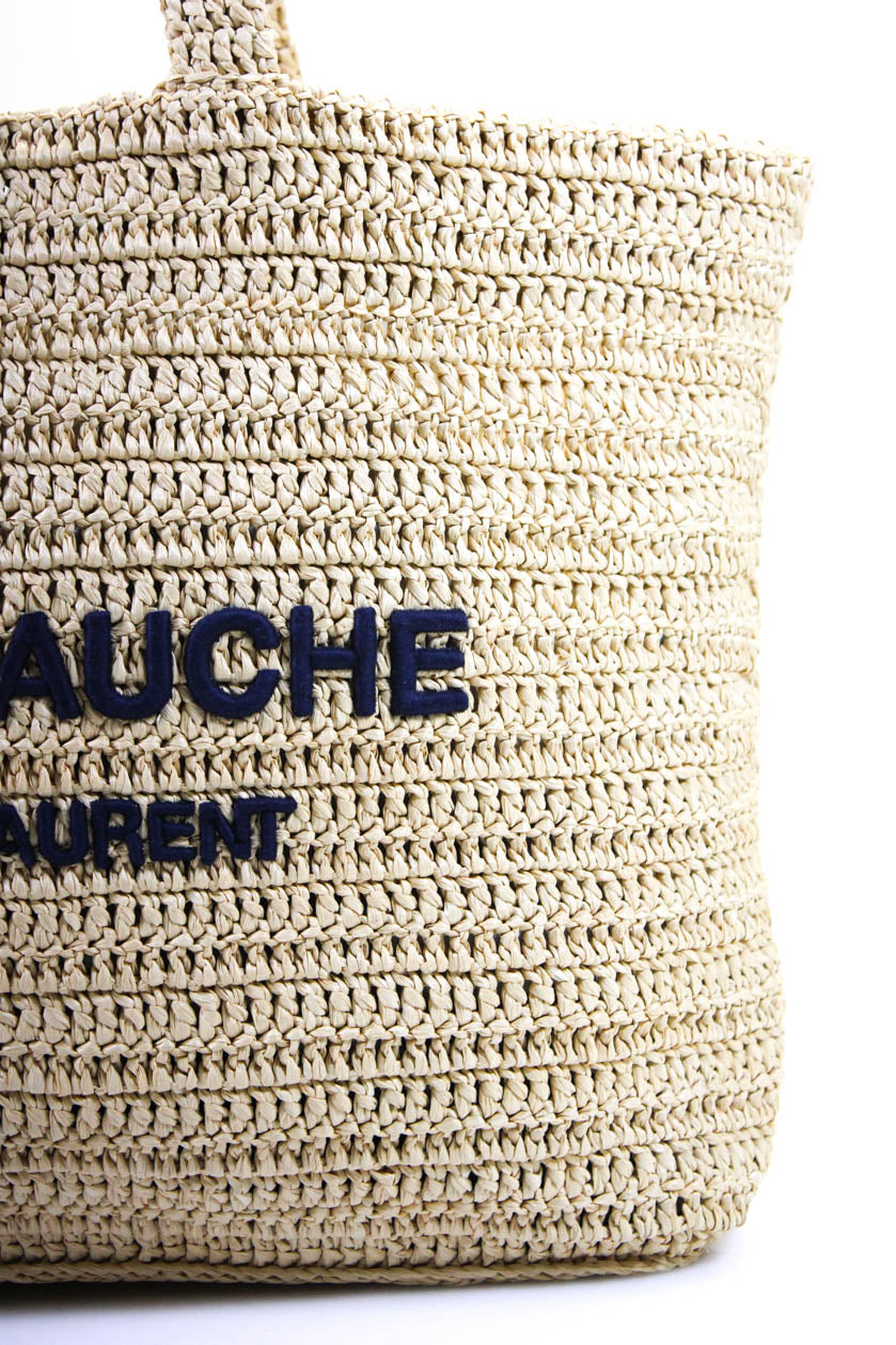 Saint Laurent Große bestickte Damen Strand-Handtasche aus Stroh Shopper in Natur und Marineblau