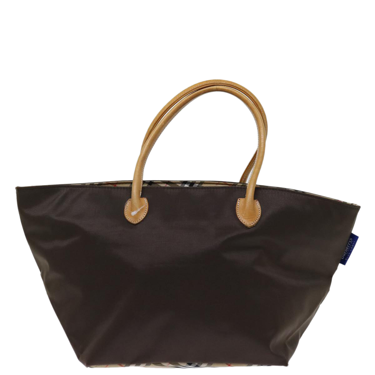 BURBERRYSs Nova Check Blau Label Tragetasche Nylon Braun Auth bs12913
