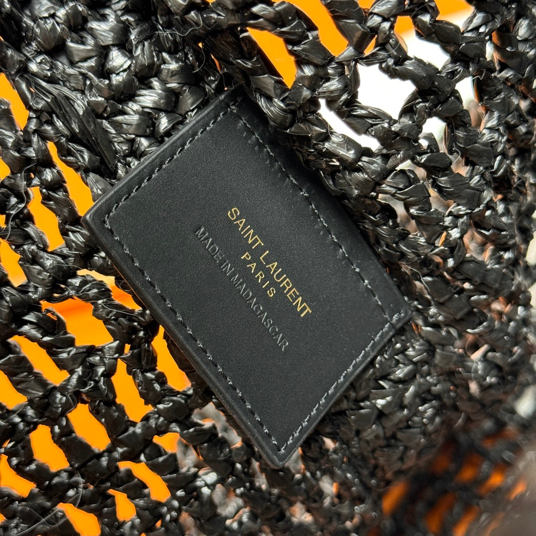 TOTE BAG 40 IN SCHWARZ RAFFIA GOLD LOGO