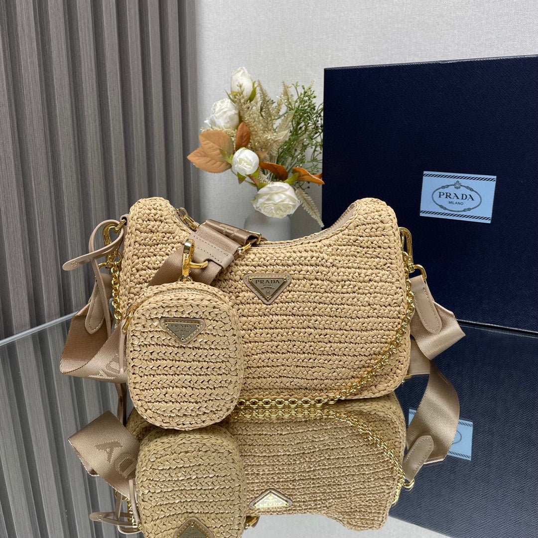 WOVEN HOBO BAG 23 IN Beige RAFFIA Gold-Hardware TRIANGLE LOGO