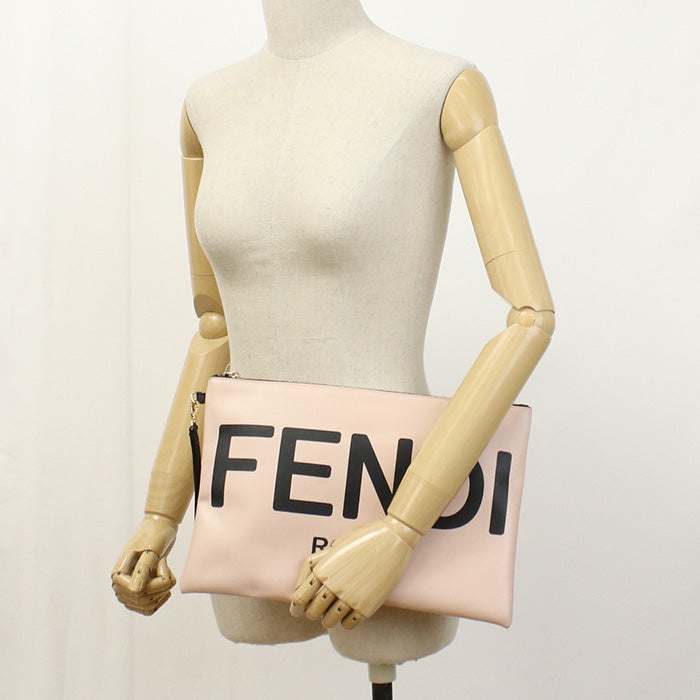 FENDI Fendi Rome Logo AEHR Large Flat Beutel Clutch-Tasche Leder Rosa Damen